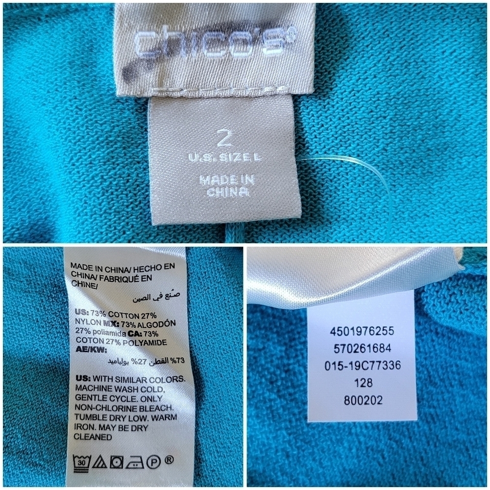 Chico's Stitch-Detail Open Front Mid-Length Cardigan Sweater Women's L Turquoise - Picture 6 of 9